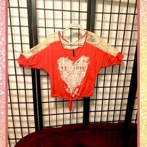 Full Tilt Lace-Shoulder “Love” Tee